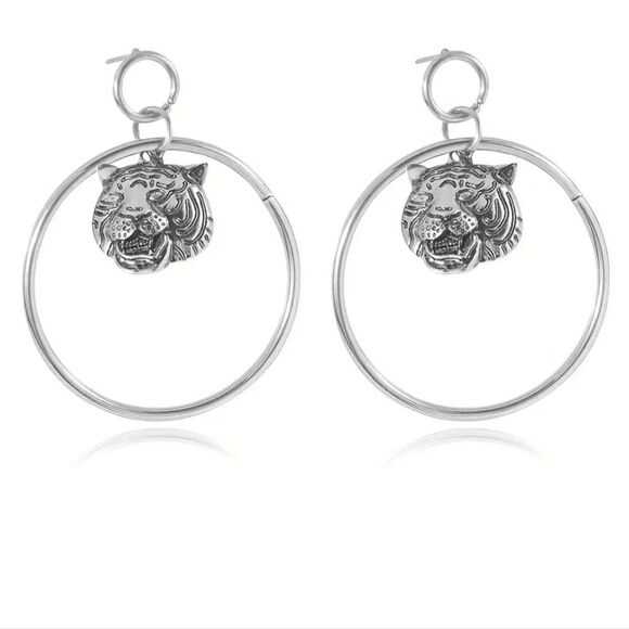Silver Hoop Tiger Earrings - Picture 1 of 3